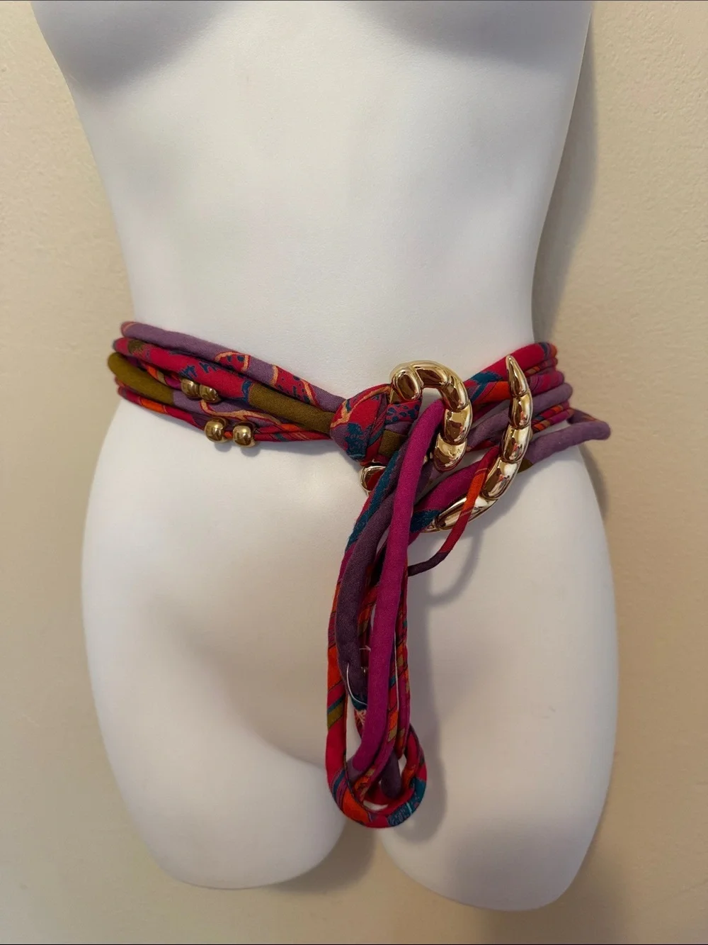 Gold-Chain Multistrand Fabric Belt in Pink & Purple